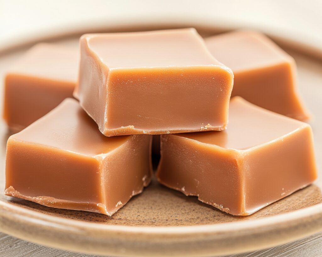 Sweet Indulgence: A close-up shot of smooth, rich caramel fudge squares, capturing the warm, inviting texture and tempting appeal of this classic confection.